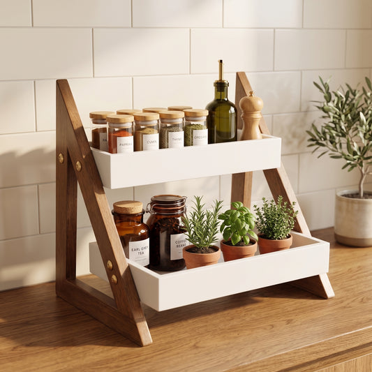 2-Tier Wooden Kitchen Organizer Rack | Multipurpose Countertop Spice Rack & Storage Shelf