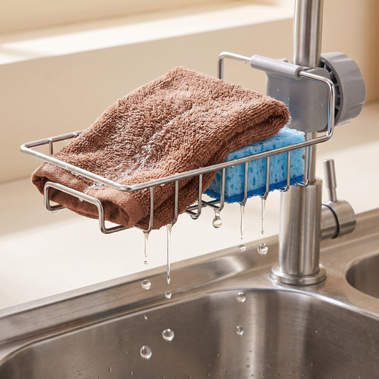 Stainless Steel Sink Faucet Organizer | Adjustable Kitchen Sponge & Soap Holder Rack