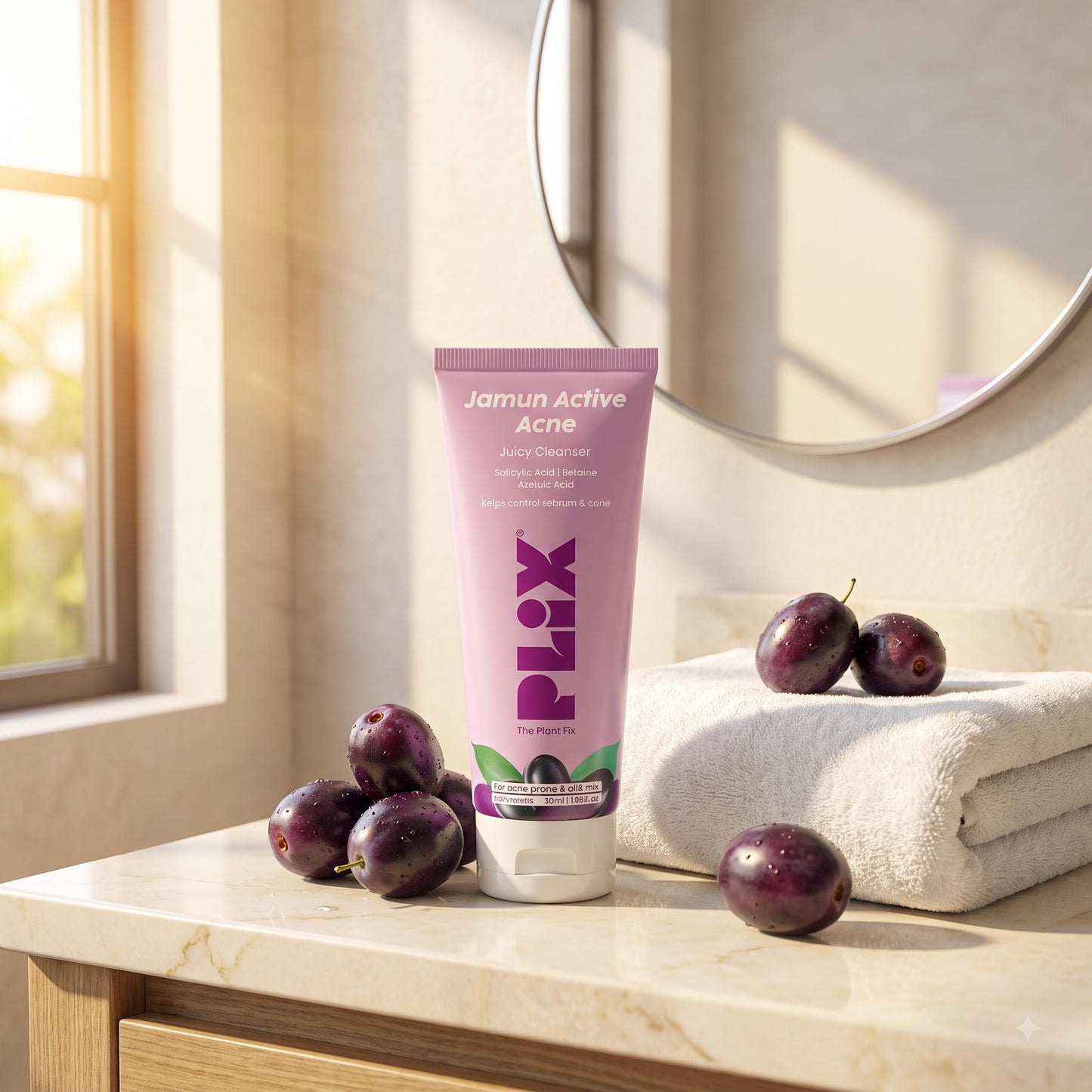 Plix Jamun Active Acne Face Cleanser | Salicylic Acid Face Wash with Betaine, Azelaic Acid & Jamun Extract for Acne-Prone, Oily & Combination Skin | Deep Cleansing Daily Face Wash