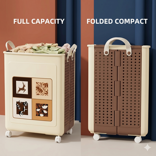 Space-Saving Folding Laundry Basket with Wheels and Handles