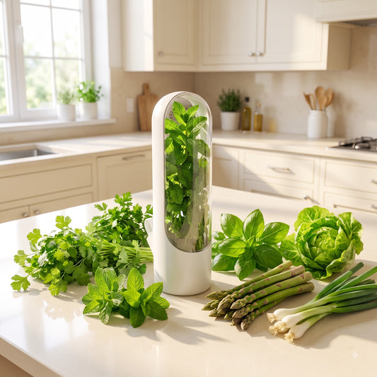 Herb Keeper Storage Container for Refrigerator | Fresh Herb Saver with Water Reservoir for Cilantro, Mint, Parsley, Coriander, Asparagus & Leafy Greens | Vegetable Freshness Preservation Box
