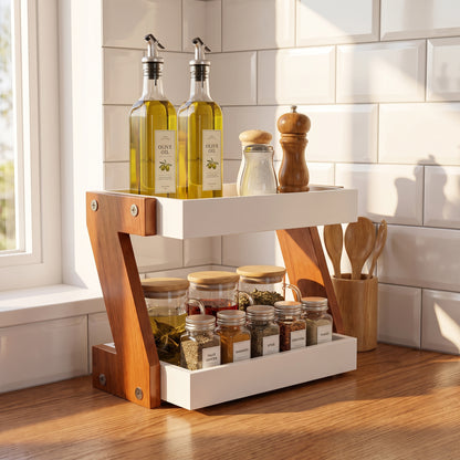 2-Tier Wooden Kitchen Countertop Organizer – Multipurpose Spice Rack & Storage Shelf for Kitchen Essentials