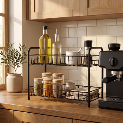 2-Tier Metal Kitchen Countertop Organizer | Multipurpose Storage Rack for Spices, Jars & Pantry Essentials