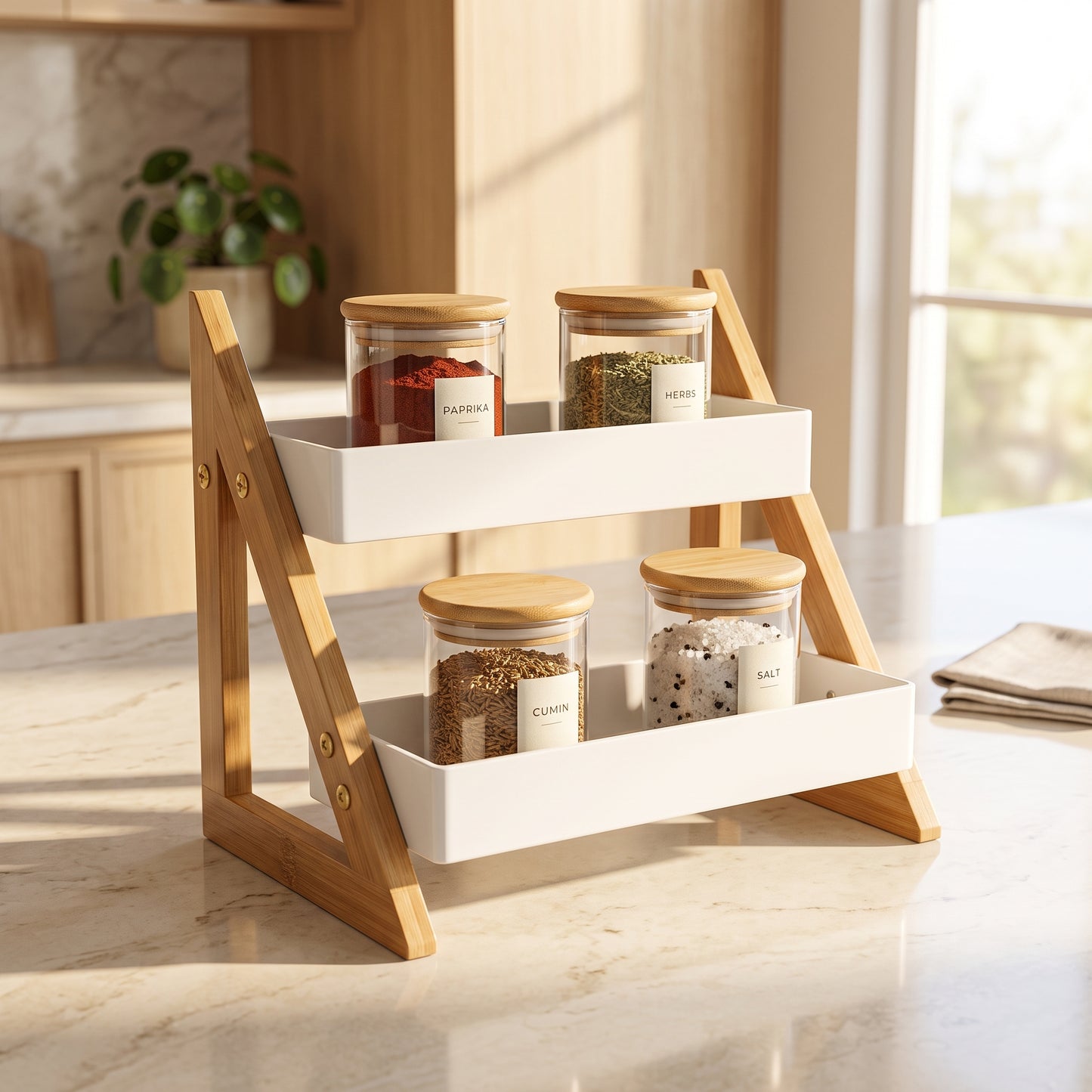 2-Tier Wooden Kitchen Organizer Rack | Multipurpose Countertop Spice Rack & Storage Shelf