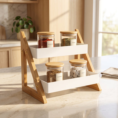 2-Tier Wooden Kitchen Organizer Rack | Multipurpose Countertop Spice Rack & Storage Shelf