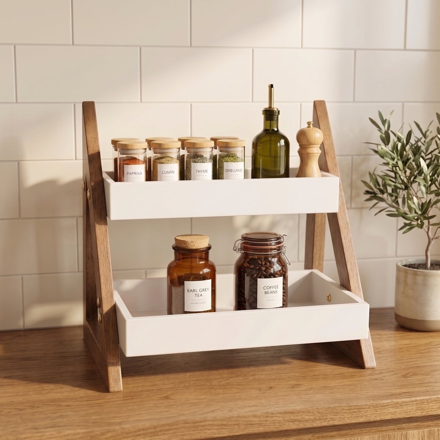 2-Tier Wooden Kitchen Organizer Rack | Multipurpose Countertop Spice Rack & Storage Shelf
