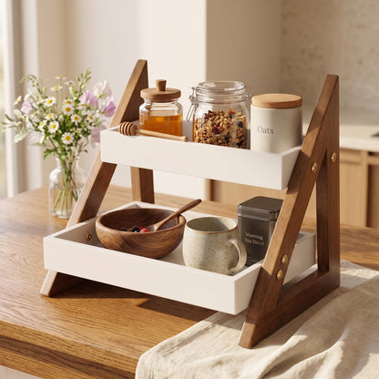 2-Tier Wooden Kitchen Organizer Rack | Multipurpose Countertop Spice Rack & Storage Shelf