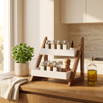2-Tier Wooden Kitchen Organizer Rack | Multipurpose Countertop Spice Rack & Storage Shelf