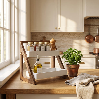 2-Tier Wooden Kitchen Organizer Rack | Multipurpose Countertop Spice Rack & Storage Shelf