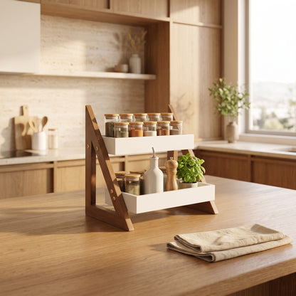 2-Tier Wooden Kitchen Organizer Rack | Multipurpose Countertop Spice Rack & Storage Shelf