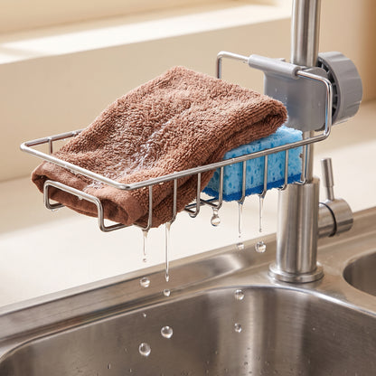 Stainless Steel Sink Faucet Organizer | Adjustable Kitchen Sponge & Soap Holder Rack