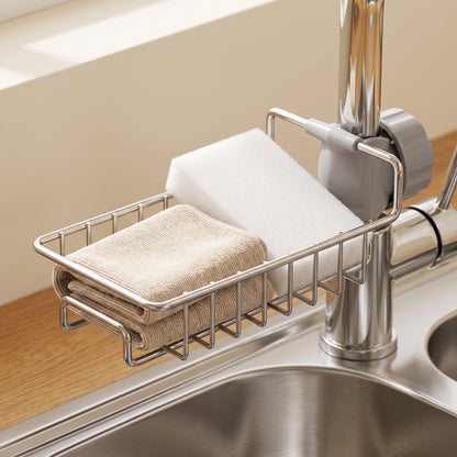 Stainless Steel Sink Faucet Organizer | Adjustable Kitchen Sponge & Soap Holder Rack