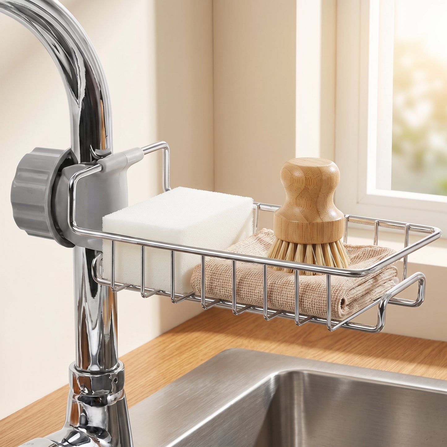 Stainless Steel Sink Faucet Organizer | Adjustable Kitchen Sponge & Soap Holder Rack