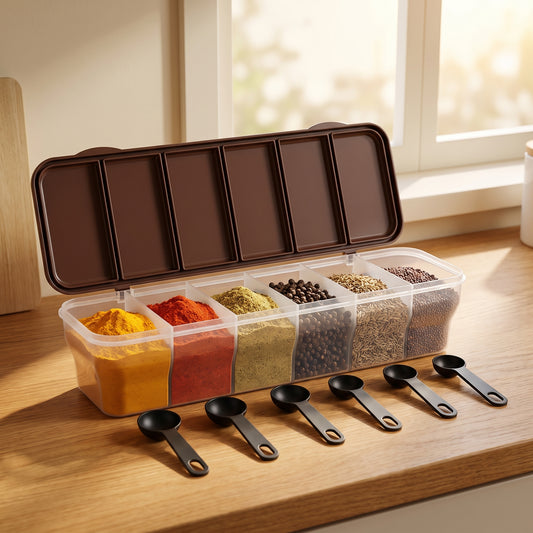 6-Compartment Airtight Masala Box | BPA-Free Spice Storage Container with 6 Spoons (1800ml)