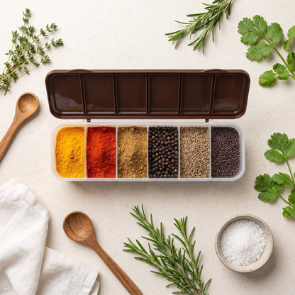 6-Compartment Airtight Masala Box | BPA-Free Spice Storage Container with 6 Spoons (1800ml)