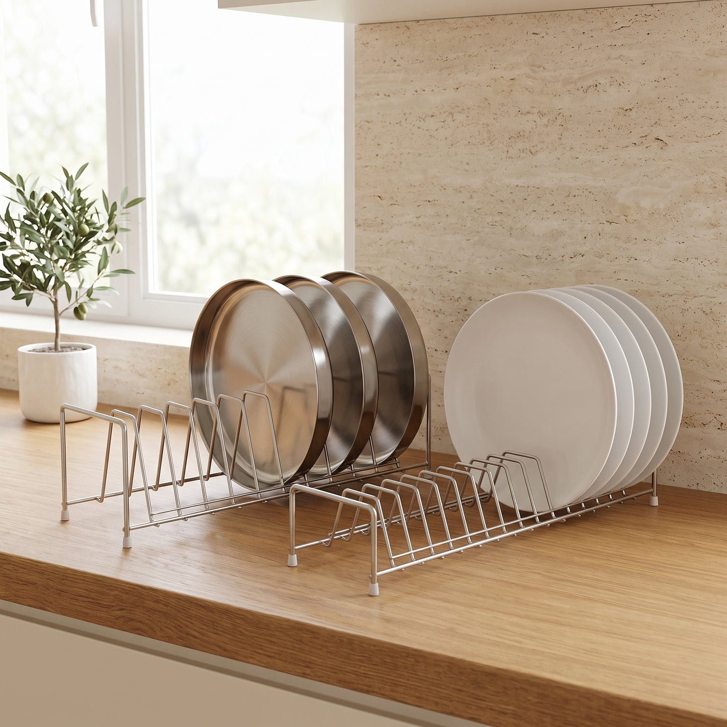 Stainless Steel Plate & Thali Stand | Kitchen Dish Drying & Storage Rack for Plates, Bowls & Lids