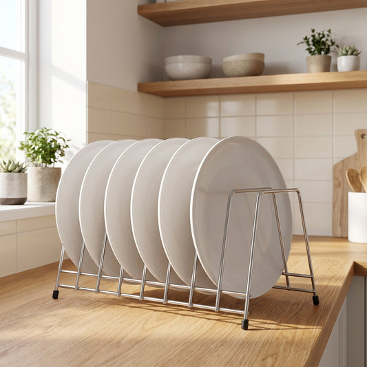 Stainless Steel Plate & Thali Stand | Kitchen Dish Drying & Storage Rack for Plates, Bowls & Lids