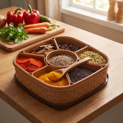 7-Section Multipurpose Masala Box – Square Plastic Spice Organizer with Spoon for Kitchen Storage