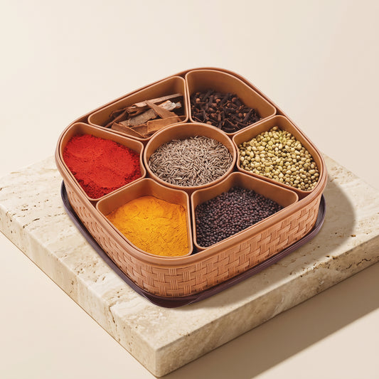 7-Section Multipurpose Masala Box – Square Plastic Spice Organizer with Spoon for Kitchen Storage