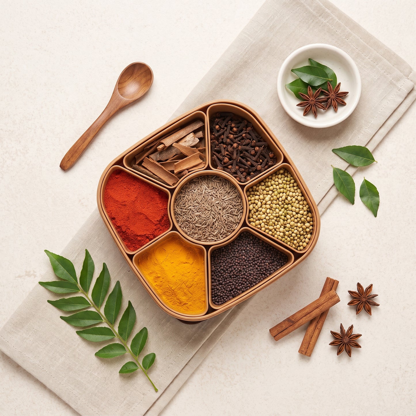 7-Section Multipurpose Masala Box – Square Plastic Spice Organizer with Spoon for Kitchen Storage