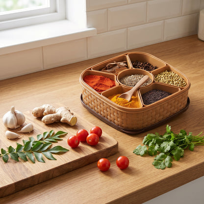7-Section Multipurpose Masala Box – Square Plastic Spice Organizer with Spoon for Kitchen Storage