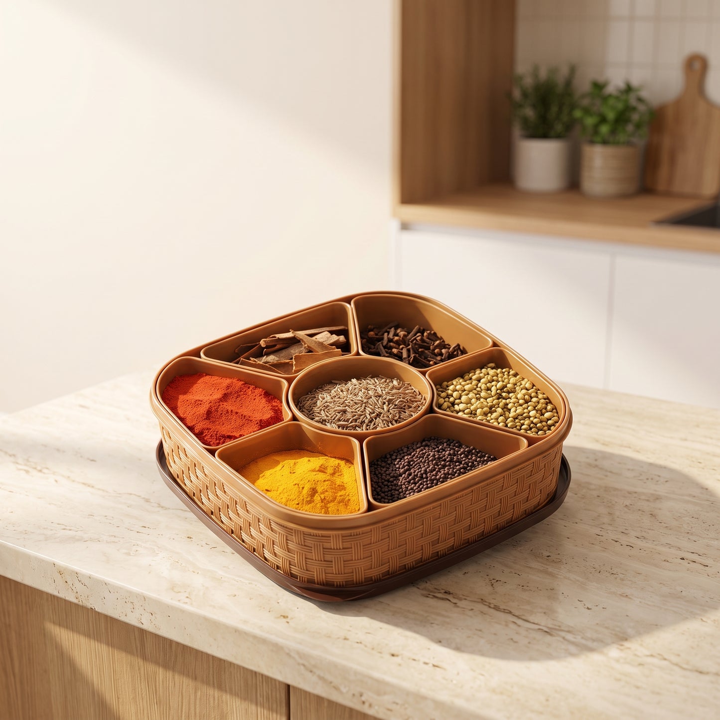 7-Section Multipurpose Masala Box – Square Plastic Spice Organizer with Spoon for Kitchen Storage