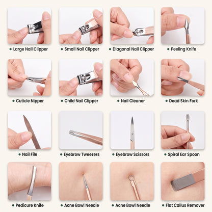 16-Piece Professional Manicure & Pedicure Grooming Kit with Nail Care Tools & Premium Travel Case