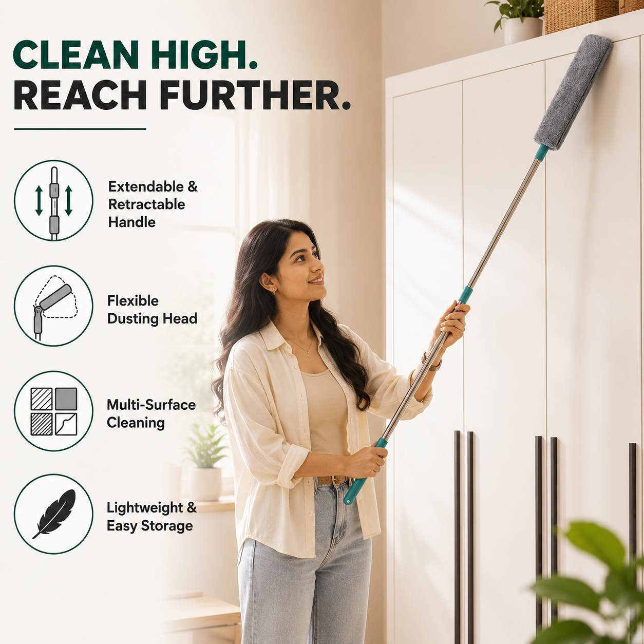 Microfiber Dust Cleaner with Extendable Stainless Steel Handle | Washable Retractable Duster