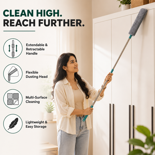 Microfiber Dust Cleaner with Extendable Stainless Steel Handle | Washable Retractable Duster