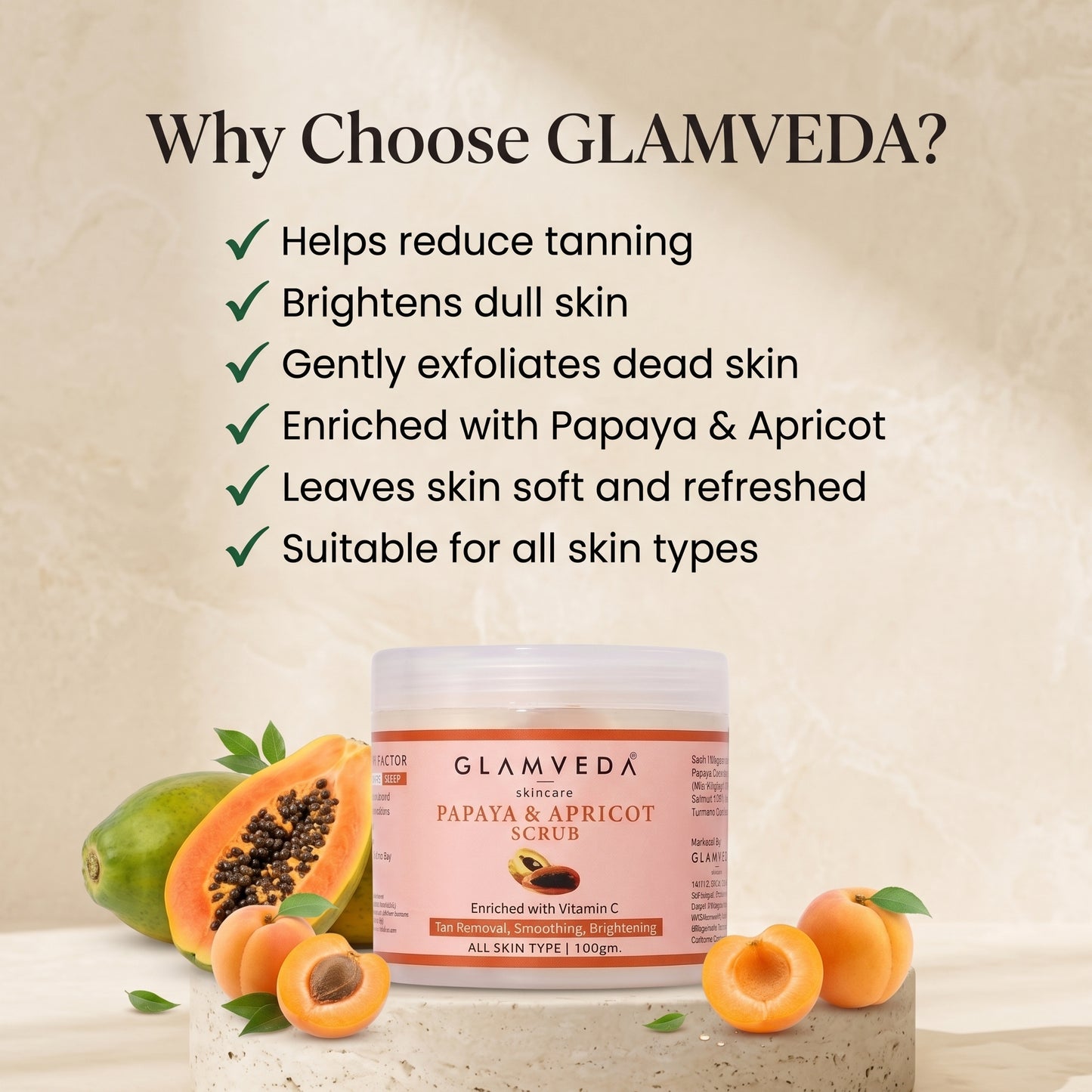 Papaya & Apricot Anti Tan Face & Body Scrub | Vitamin C Brightening Exfoliating Scrub with Aloe Vera & Grapes