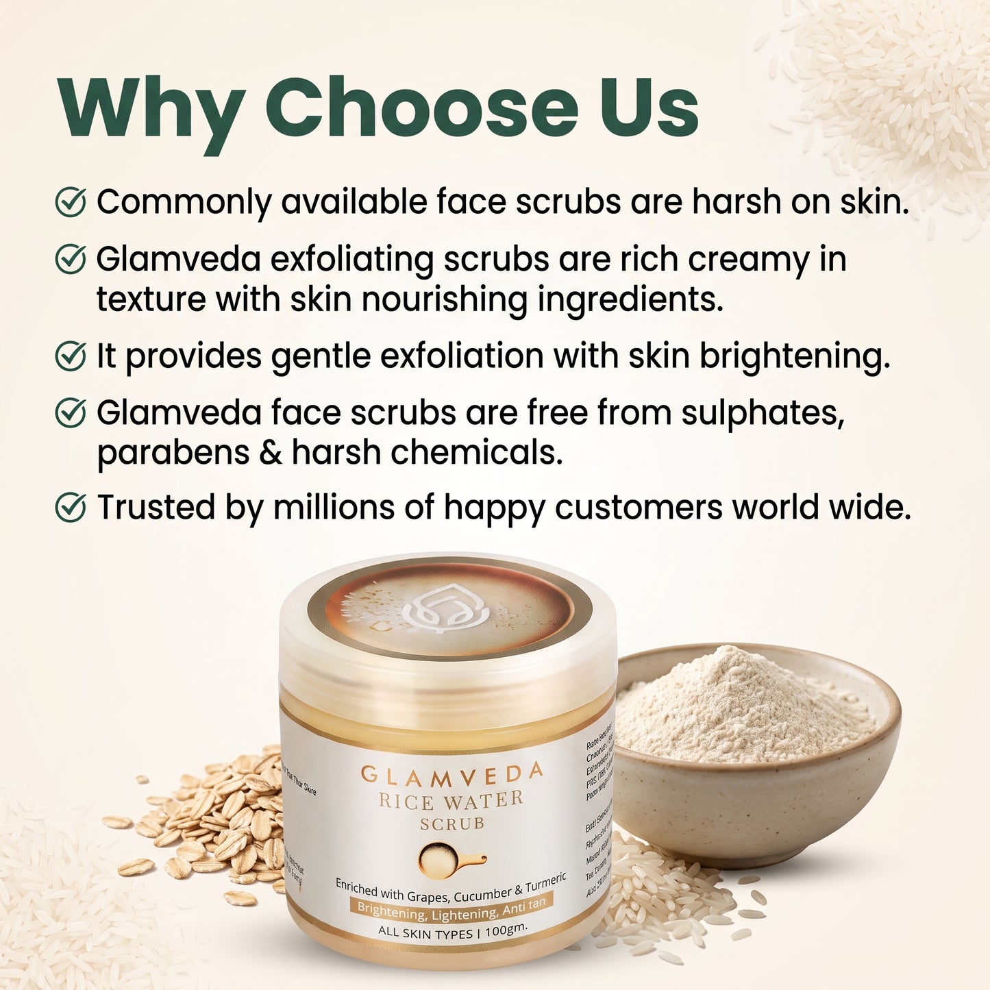 Rice Water Brightening Face & Body Scrub | Gentle Exfoliating Skin Polish with Grapes, Mulberry & Oats for All Skin Types (100g)