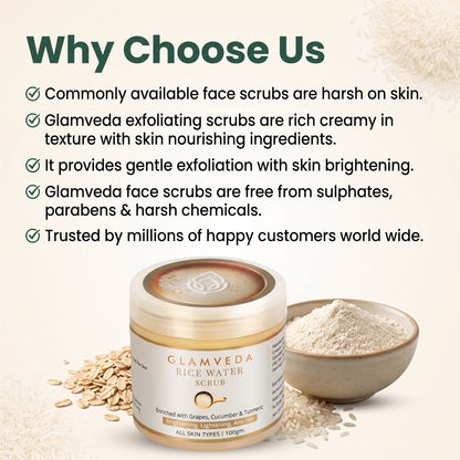 Rice Water Brightening Face & Body Scrub | Gentle Exfoliating Skin Polish with Grapes, Mulberry & Oats for All Skin Types (100g)