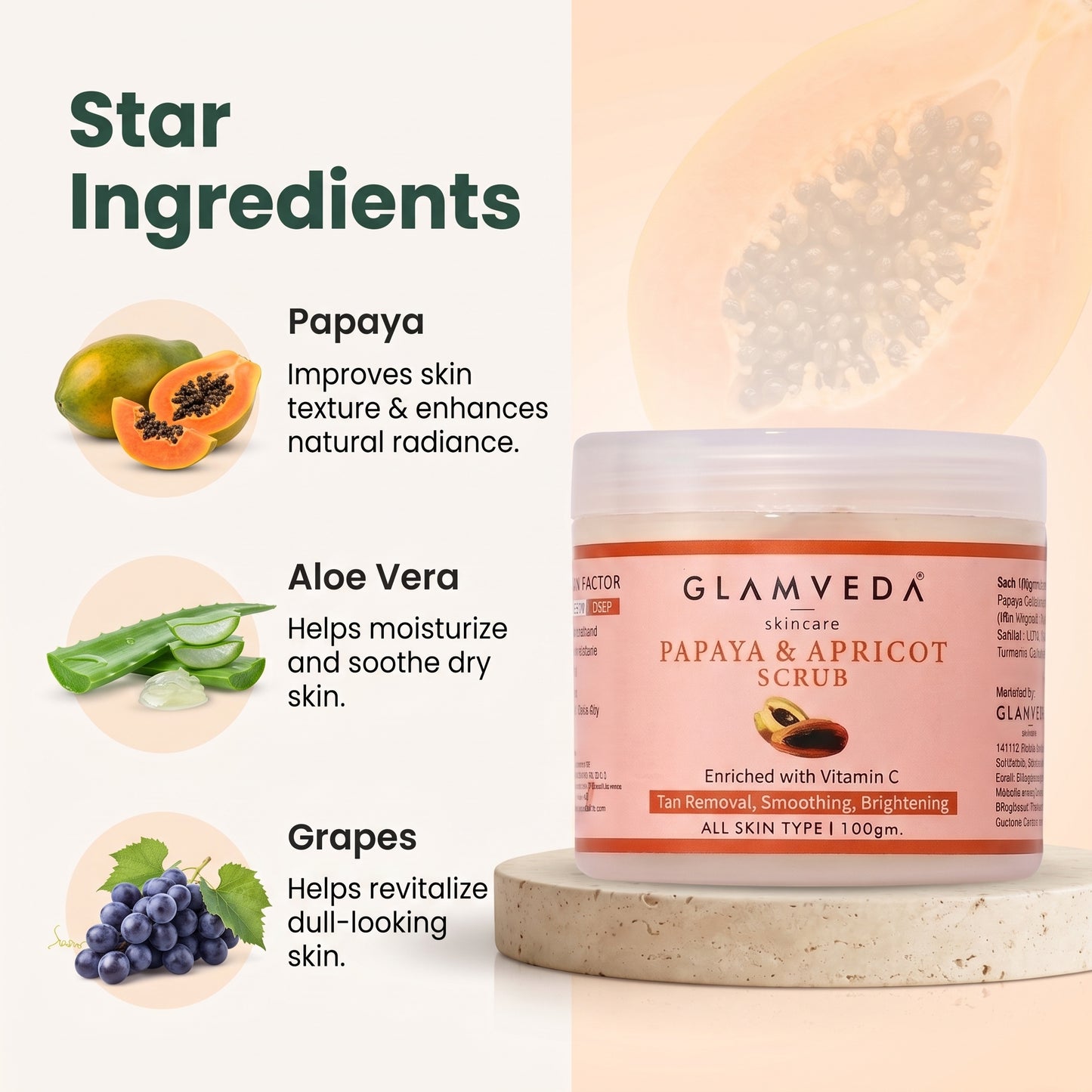 Papaya & Apricot Anti Tan Face & Body Scrub | Vitamin C Brightening Exfoliating Scrub with Aloe Vera & Grapes