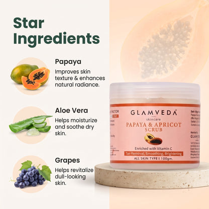 Papaya & Apricot Anti Tan Face & Body Scrub | Vitamin C Brightening Exfoliating Scrub with Aloe Vera & Grapes