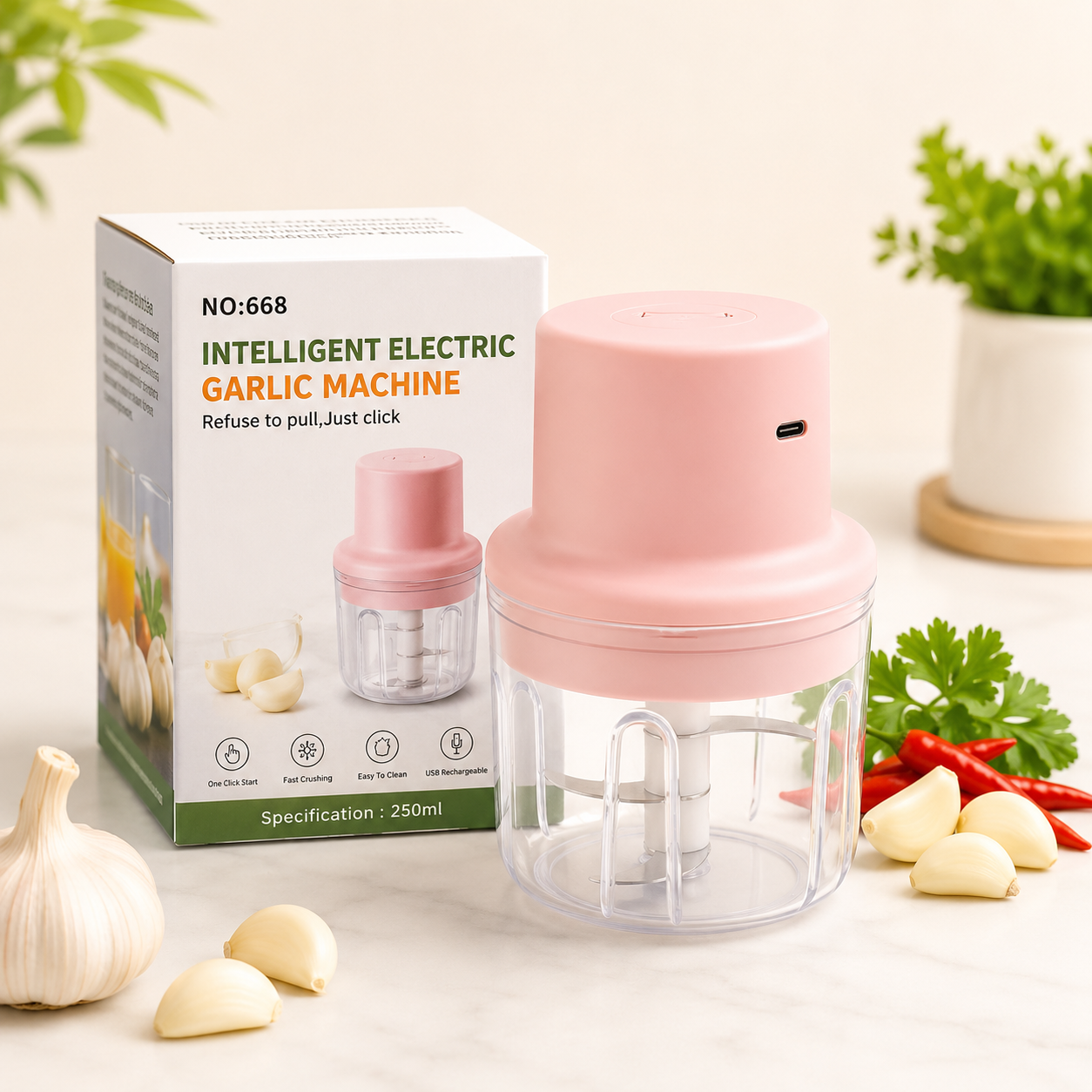 USB Rechargeable Electric Garlic Chopper 250ml | Mini Food Processor for Garlic, Onion, Ginger, Chili, Vegetables & Baby Food