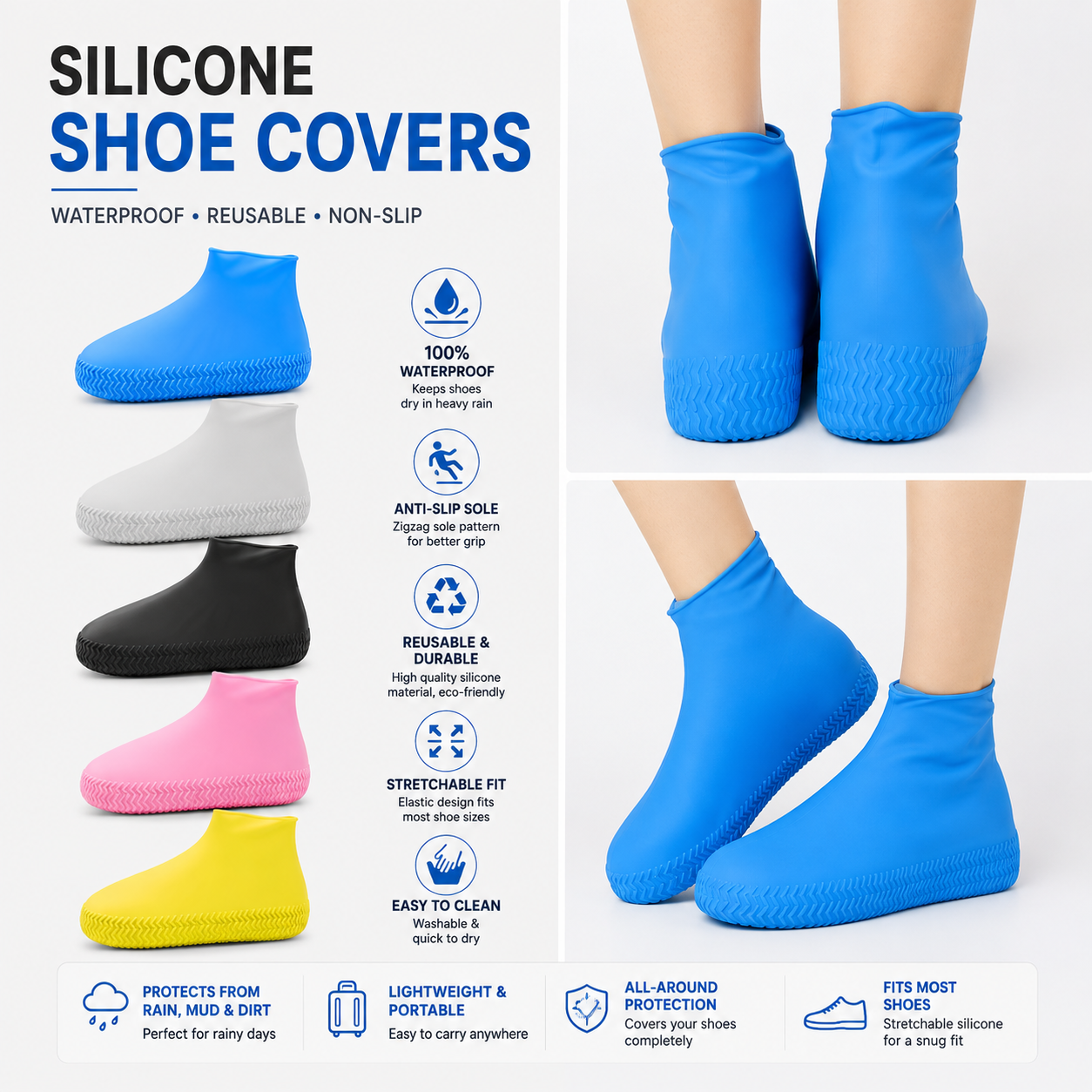 Premium Waterproof Silicone Rain Shoe Covers Reusable Anti-Slip Shoe Protector for Rain, Mud, Snow & Outdoor Travel (1 Pair)