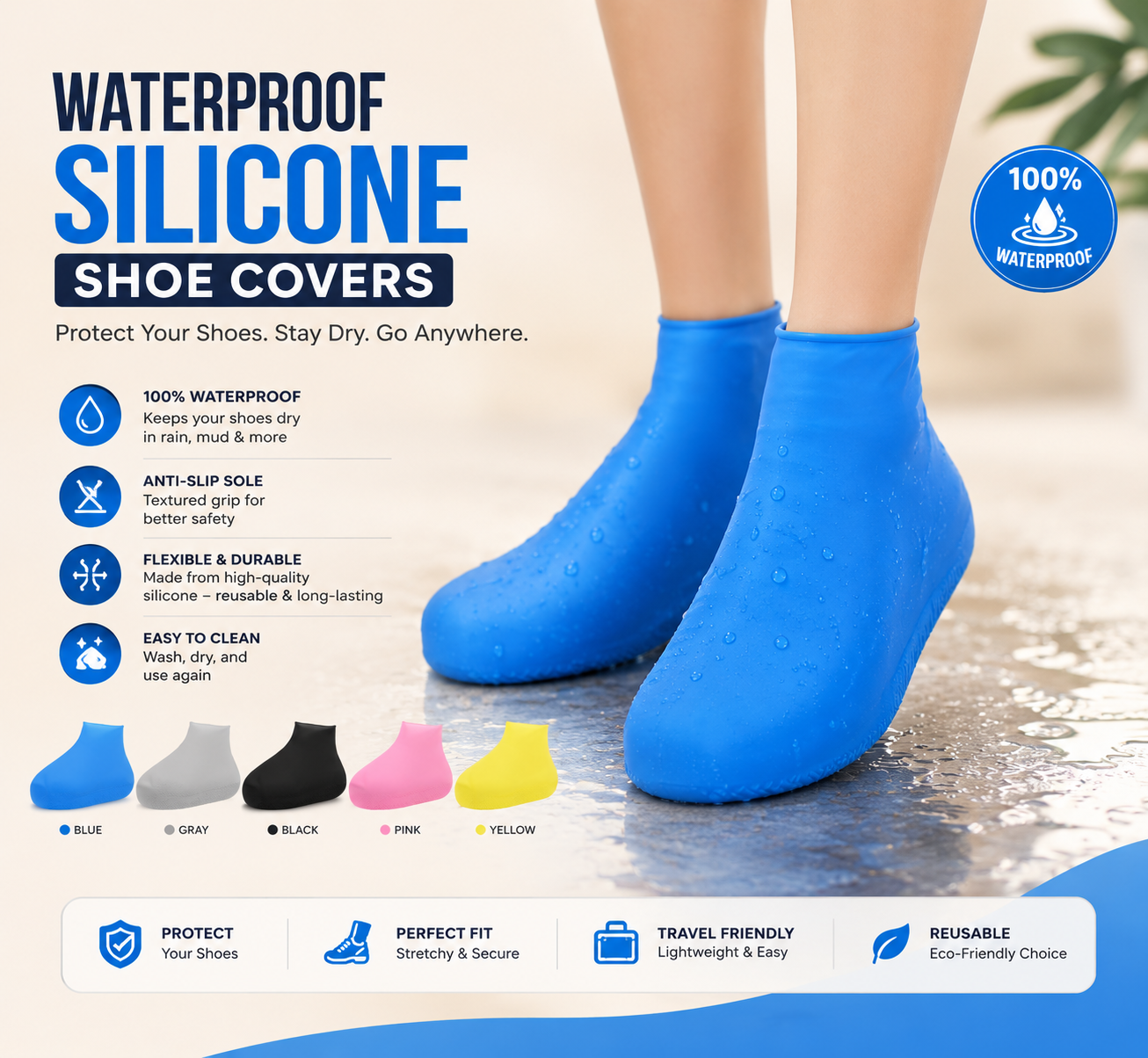 Premium Waterproof Silicone Rain Shoe Covers Reusable Anti-Slip Shoe Protector for Rain, Mud, Snow & Outdoor Travel (1 Pair)