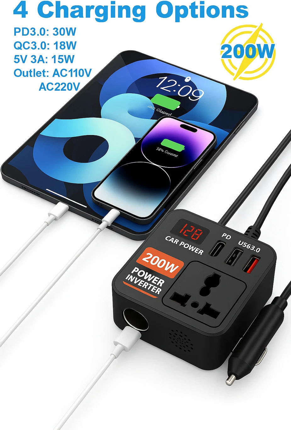 200W Car Power Inverter with PD 30W, QC 3.0 Fast Charging, Dual USB Ports & AC Power Socket