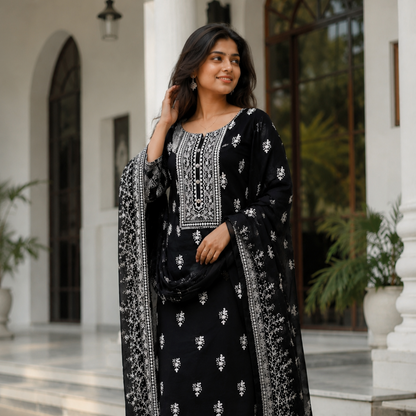 Black Embroidered Organza Unstitched Suit Set for Women | Elegant Party Wear Salwar Suit