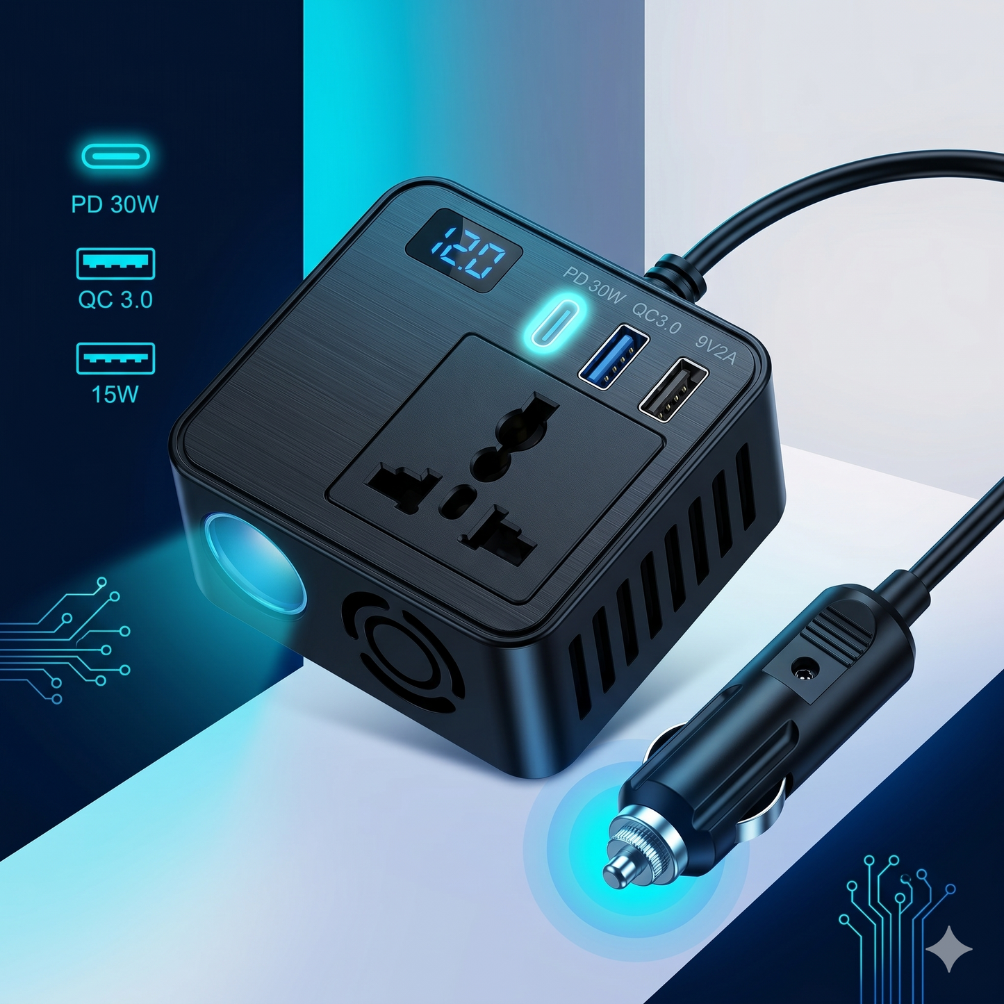 200W Car Power Inverter with PD 30W, QC 3.0 Fast Charging, Dual USB Ports & AC Power Socket