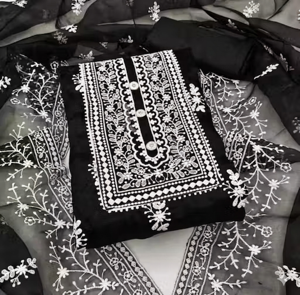 Black Embroidered Organza Unstitched Suit Set for Women | Elegant Party Wear Salwar Suit