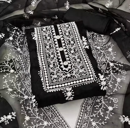 Black Embroidered Organza Unstitched Suit Set for Women | Elegant Party Wear Salwar Suit