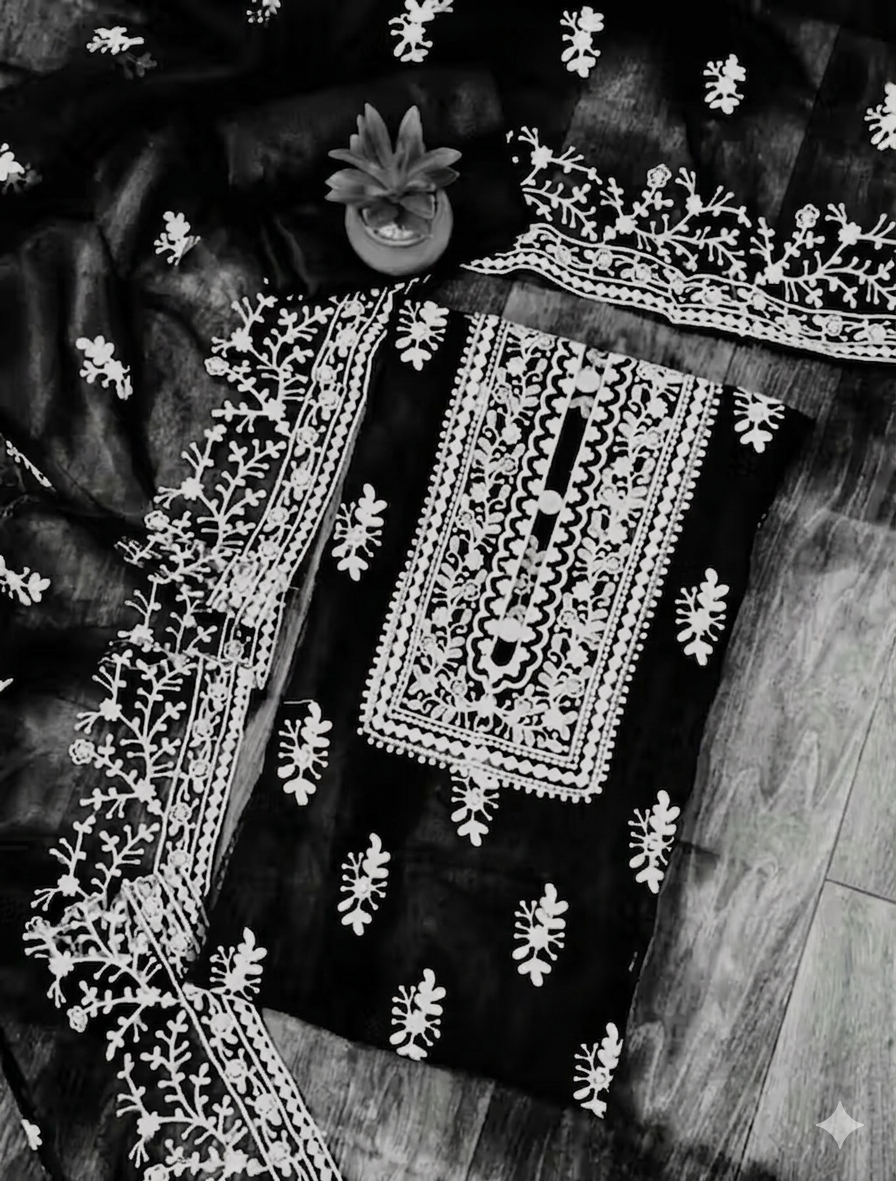 Black Embroidered Organza Unstitched Suit Set for Women | Elegant Party Wear Salwar Suit