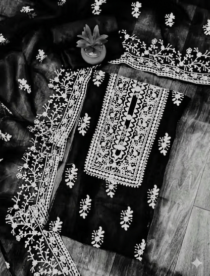Black Embroidered Organza Unstitched Suit Set for Women | Elegant Party Wear Salwar Suit