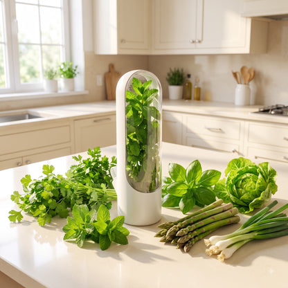 Herb Keeper Storage Container for Refrigerator | Fresh Herb Saver with Water Reservoir for Cilantro, Mint, Parsley, Coriander, Asparagus & Leafy Greens | Vegetable Freshness Preservation Box