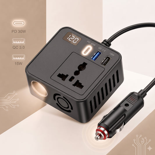 200W Car Power Inverter with PD 30W, QC 3.0 Fast Charging, Dual USB Ports & AC Power Socket