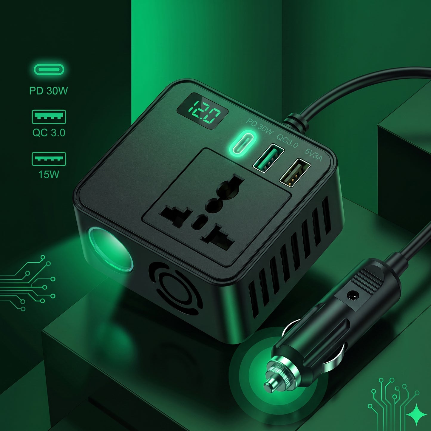 200W Car Power Inverter with PD 30W, QC 3.0 Fast Charging, Dual USB Ports & AC Power Socket