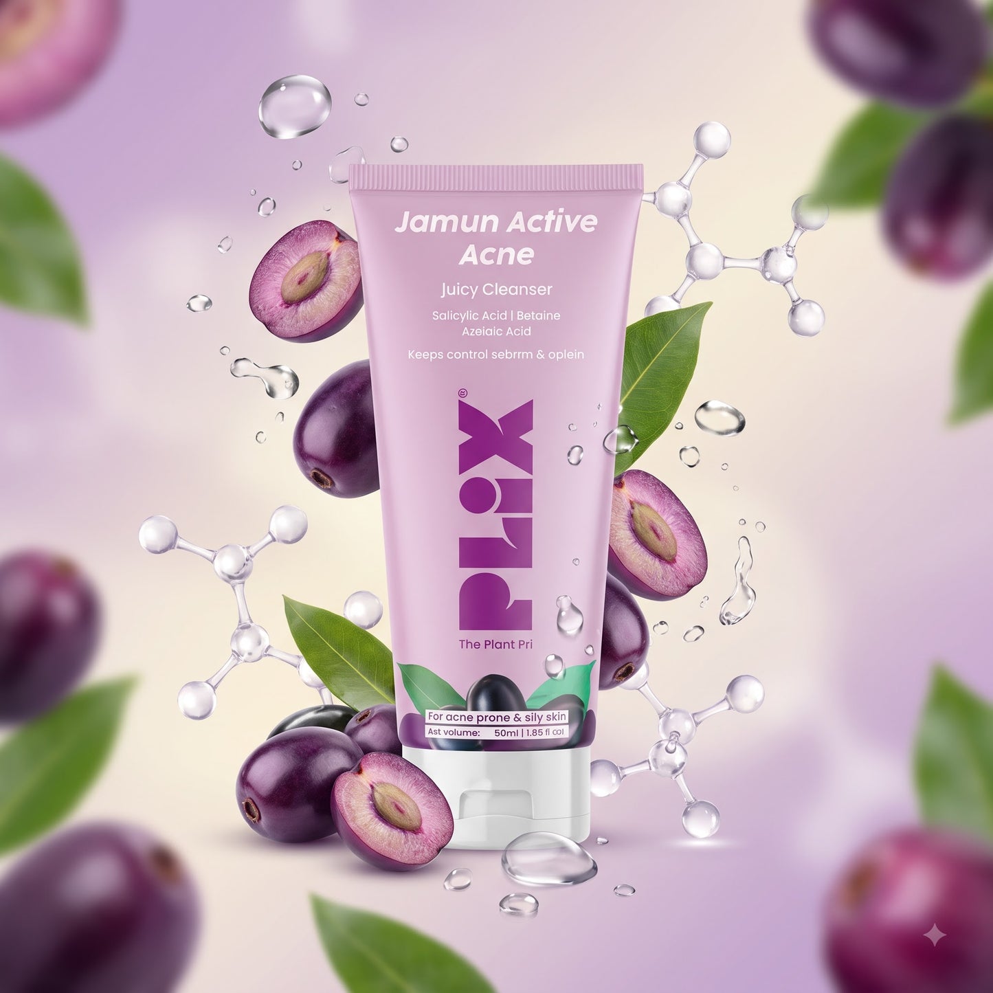 Plix Jamun Active Acne Face Cleanser | Salicylic Acid Face Wash with Betaine, Azelaic Acid & Jamun Extract for Acne-Prone, Oily & Combination Skin | Deep Cleansing Daily Face Wash