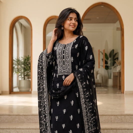 Black Embroidered Organza Unstitched Suit Set for Women | Elegant Party Wear Salwar Suit