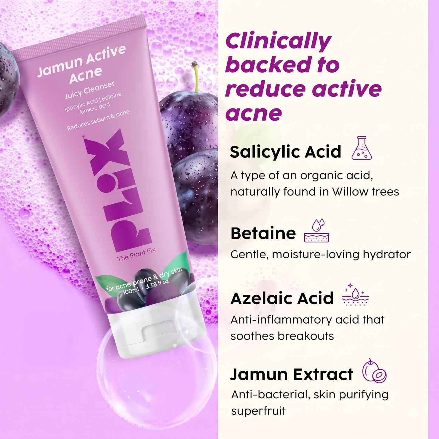 Plix Jamun Active Acne Face Cleanser | Salicylic Acid Face Wash with Betaine, Azelaic Acid & Jamun Extract for Acne-Prone, Oily & Combination Skin | Deep Cleansing Daily Face Wash